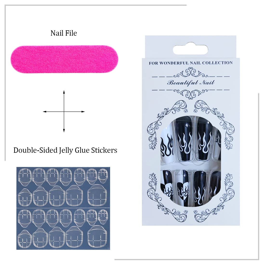 Unghie finte a ballerina lucide, 24 pezzi, unghie finte lunghe bianche e nere con design a cuore e fiamma, copertura completa, unghie artificiali, per donne e ragazze, per saloni di feste