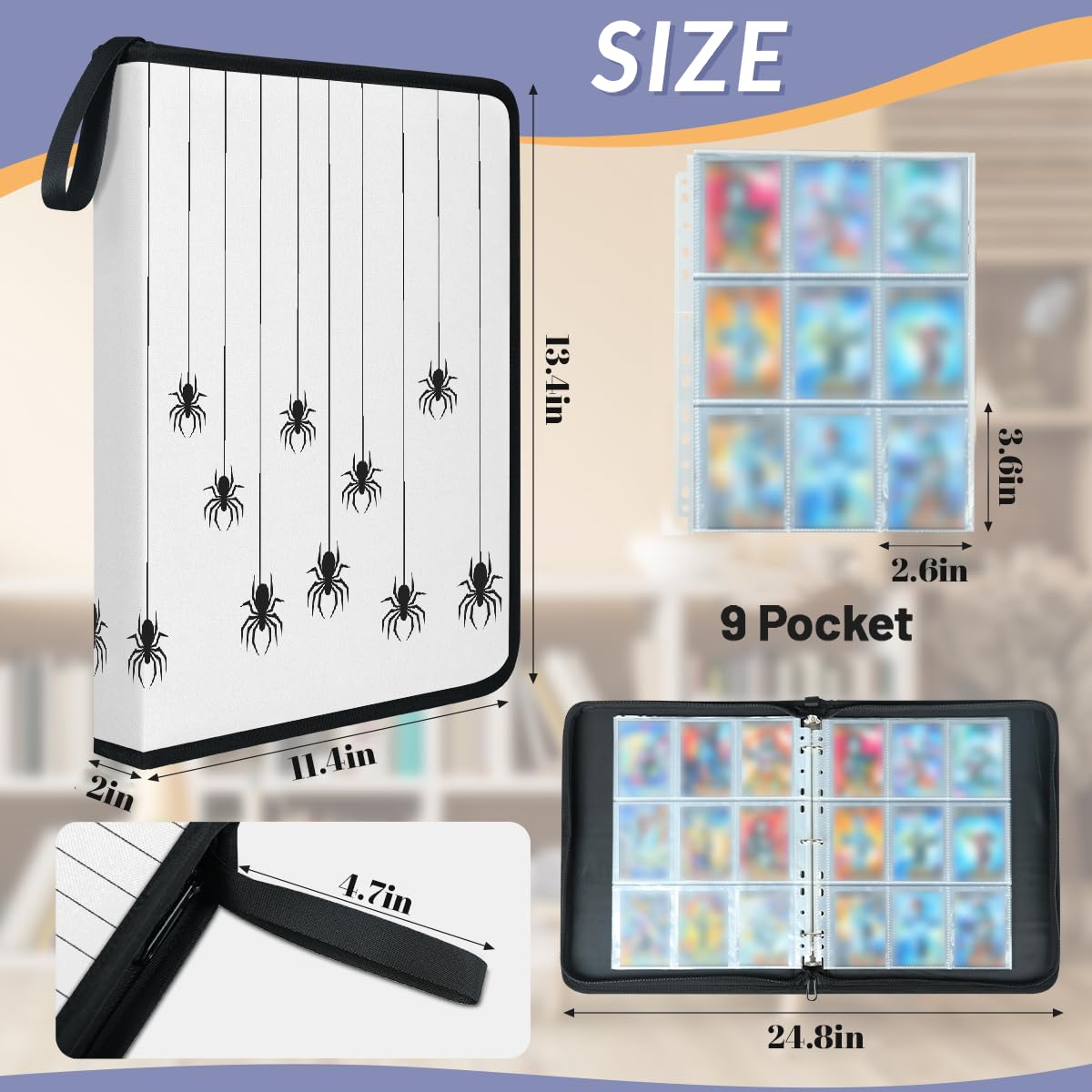 Raccoglitore per carte collezionabili con 9 tasche, motivo ragno, per Halloween, con maniche rimovibili, impermeabile, con cerniera, 50 pagine, capacità 900 carte