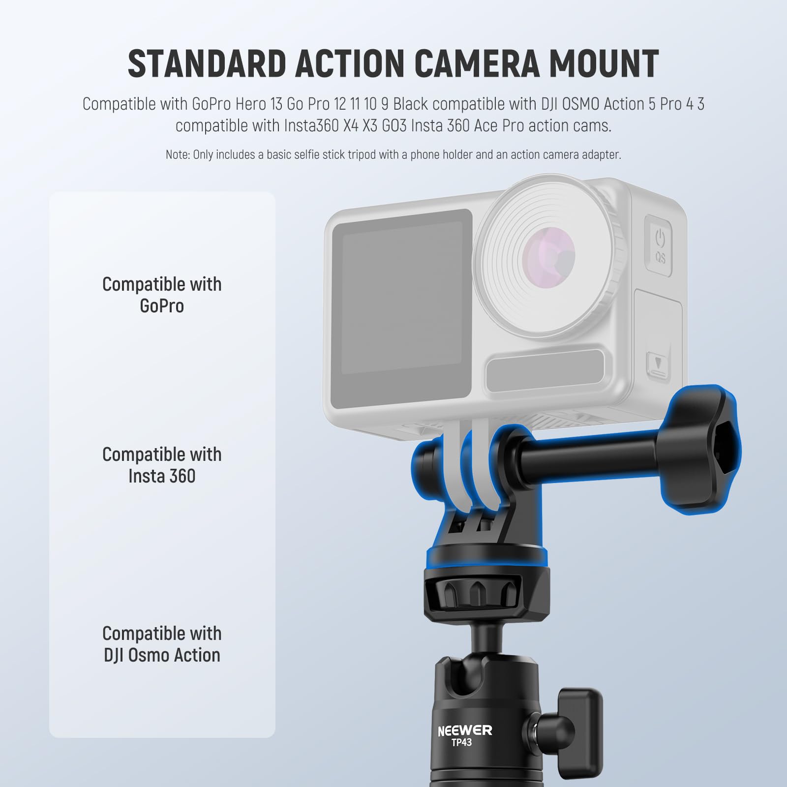 Neewer Mini stacjonarny statyw do selfie Stick kompatybilny z iPhone GoPro Insta360 DJI z głowicą kulową 360° podwyższoną osią środkową, metalowa przenośna mała kamera biurkowa, kamera internetowa