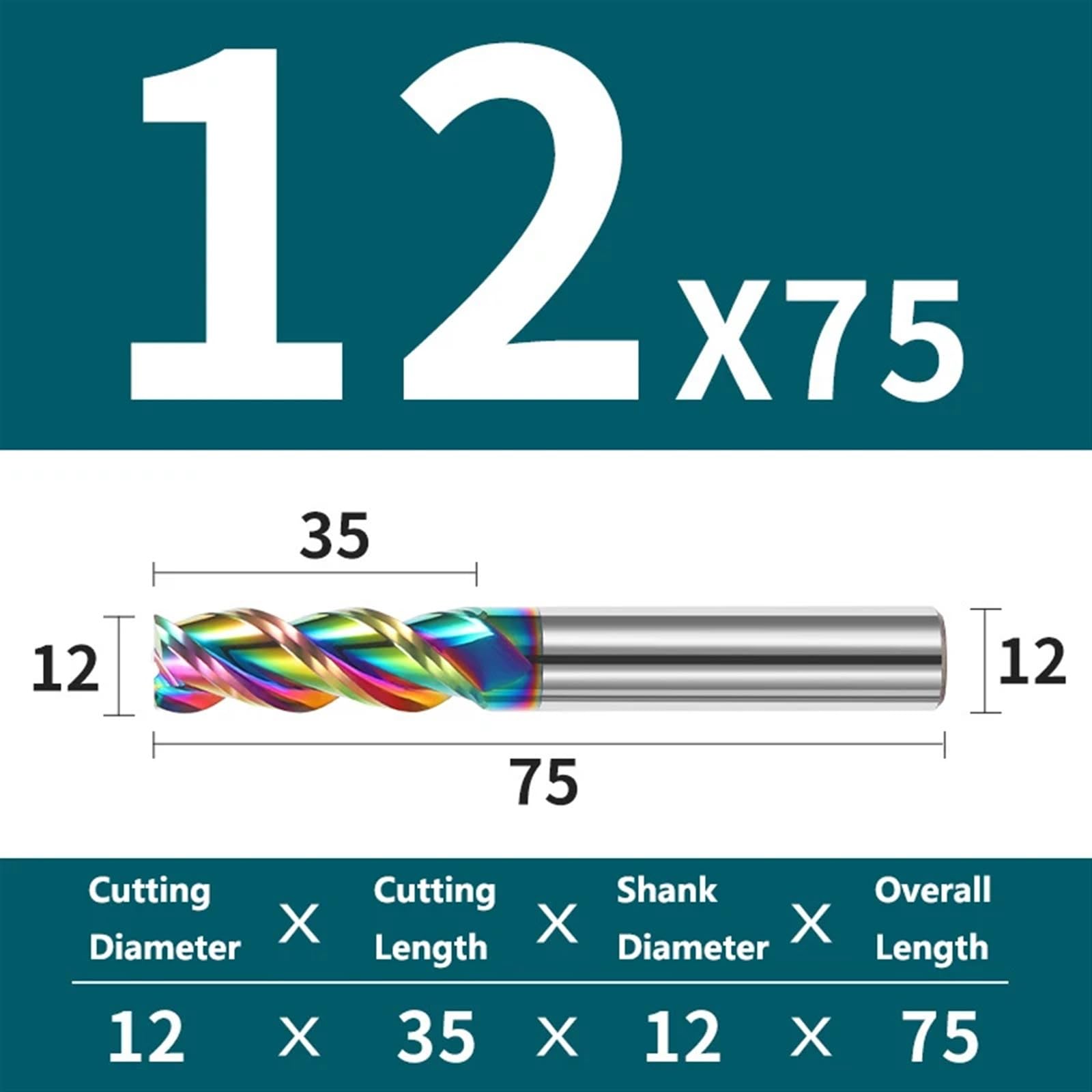 1Pcs End Mill HRC55 3 Flutes Aluminum Cutter Acrylic Wood Copper Plastic CNC Machine Cutting Coating Tool(12X35X12DX75L)