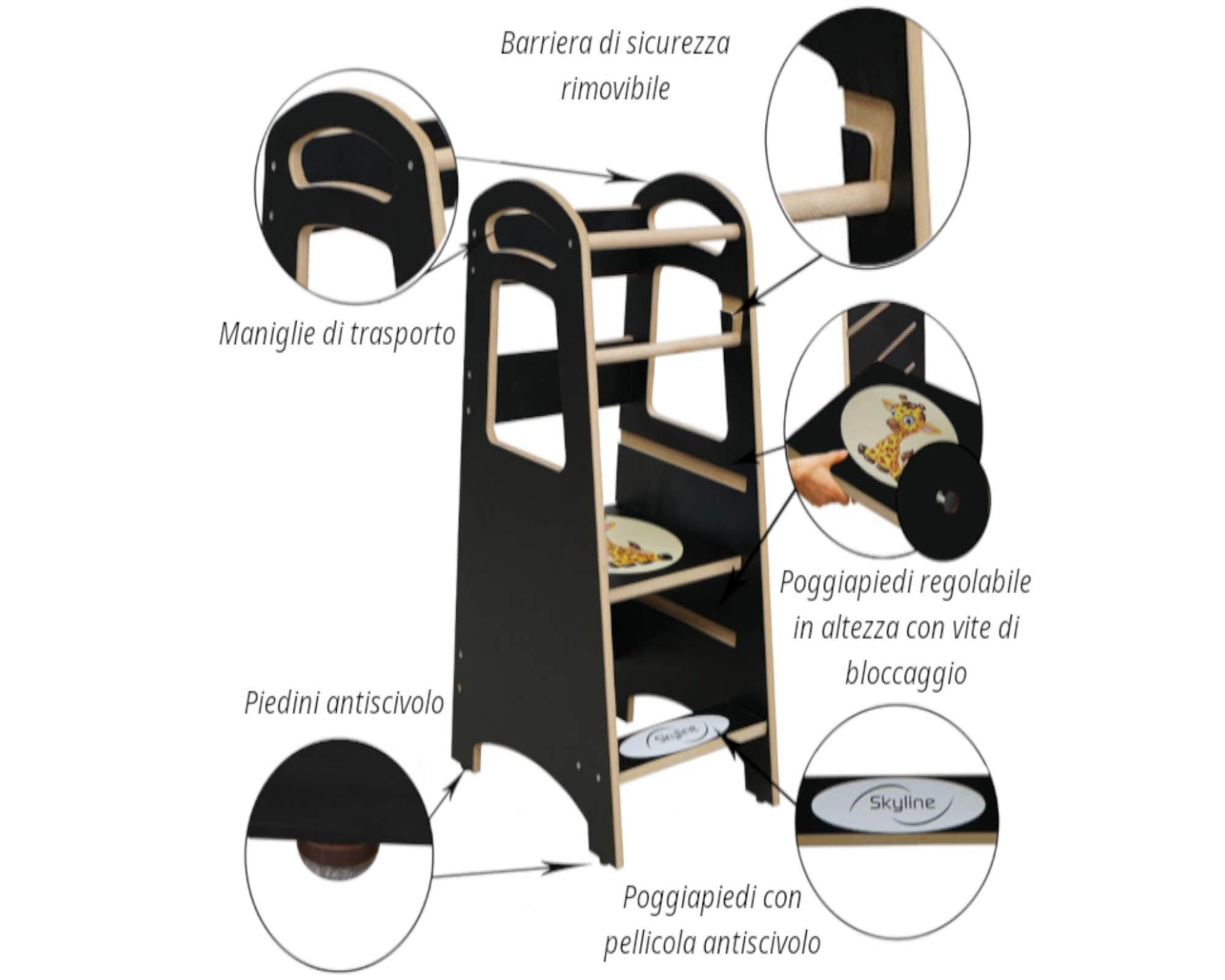 Skyline Torre di Apprendimento Libreria Montessoriana per Bambini Scaletta Pieghevole Tavolino Sedia Torretta Pieghevoli Scrivania Sgabello Tavolo Kitchen Helper Learning Tower nero/orsacchiotto