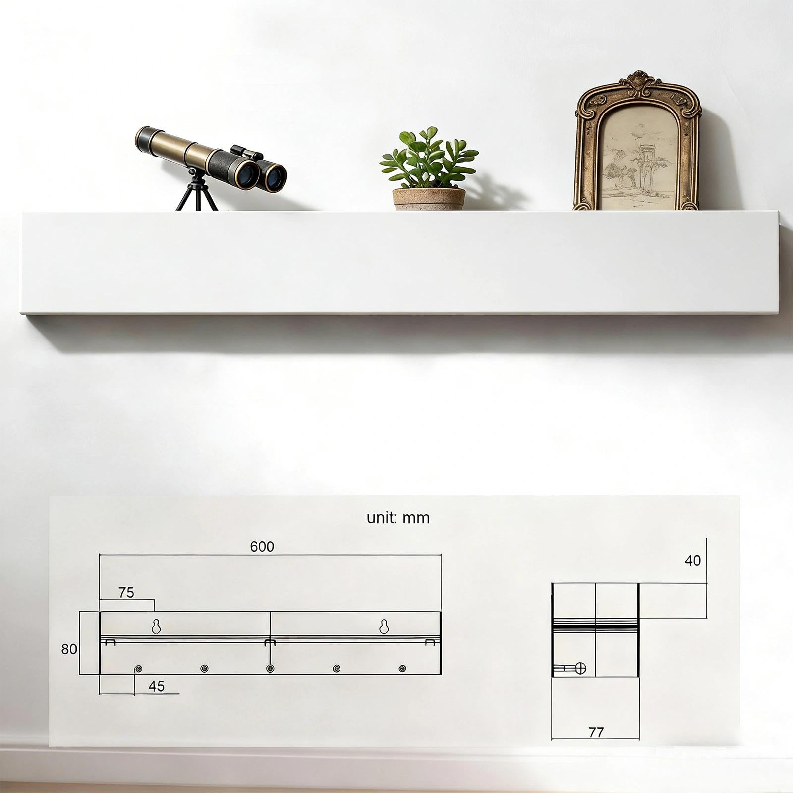 Colgador de Pared de 60 cm con Estante y 7 Ganchos Ocultos, Espaciosa Perchero de Pared Metal y Madera, Ganchos Percheros para Pasillo, Dormitorio, Sala de Estar, Blanco