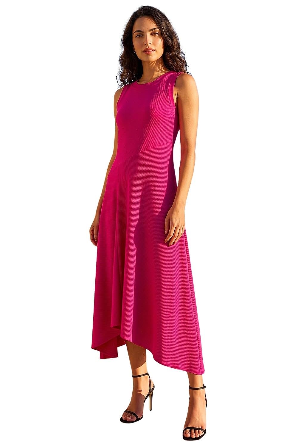 Roman Originals Women's Pink Roman Asymmetric Sleeveless Stretch Midi Dress For Uk Spring Everyday Summer Holiday Round Neckline Comfy Fit & Flare Soft Hanky Hem Frock Vacation - Size 10