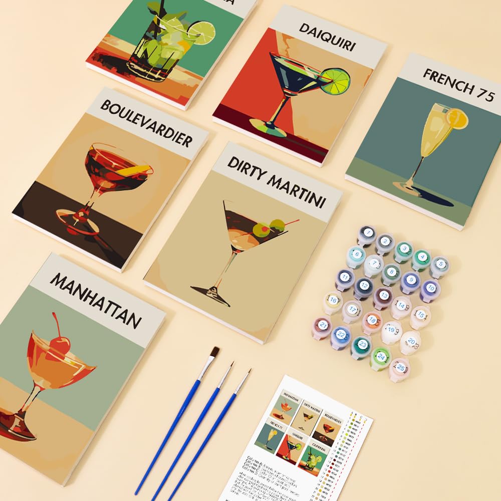 Summer Drinks - Kit multiplo con numeri, pronto da dipingere, per adulti, facile da livellare, design retrò moderno, cocktail colorati, 6 tele di lino, 36 colori