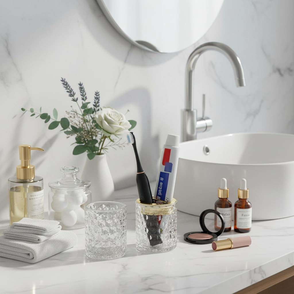 2 soportes para cepillos de dientes para baños, soporte de cepillo de dientes de vidrio y vaso de baño, soporte para cepillo de dientes y pasta de dientes con divisor, soporte para cepillo de