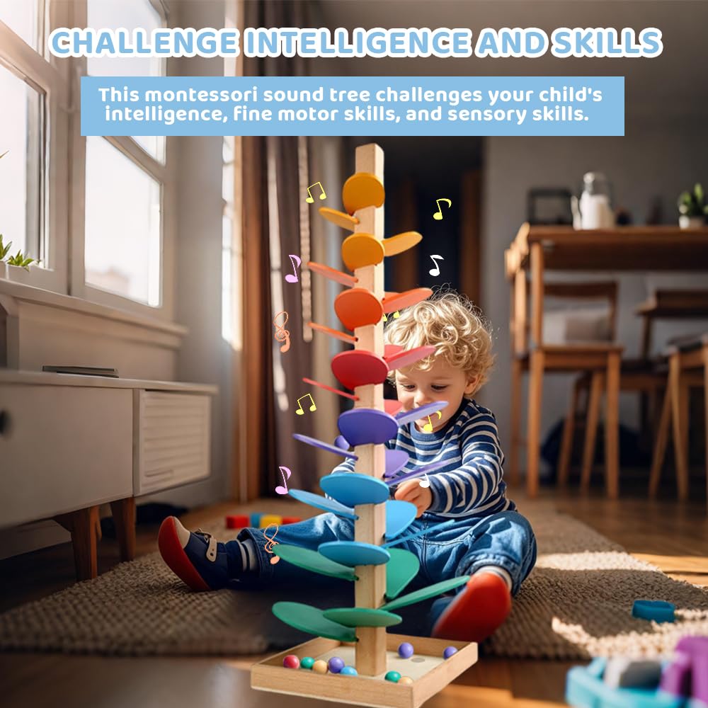 WRQIOO Montessori Sound Tree, 30 Pieces Wooden Marble Run, Rainbow Musical Tree with 10 Rainbow Balls, 6 Colorful - Image 3