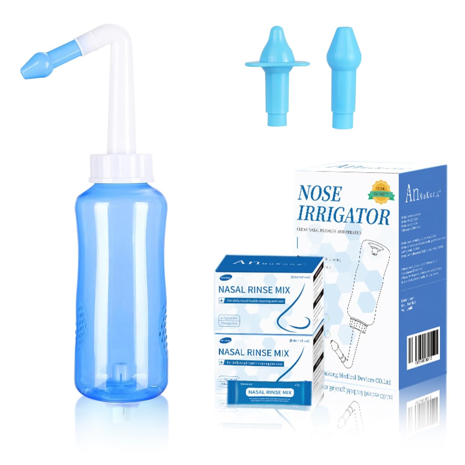 Sistema de Irrigação Nasal para Adultos e Crianças, Frasco de Lavagem Nasal de 500ml, 30 Pacotes de Sal, Seguro para Cuidados Nasais Diários, Alívio de Alergias, Frasco de Enxágue Sinusal com Válvula Contra Retorno