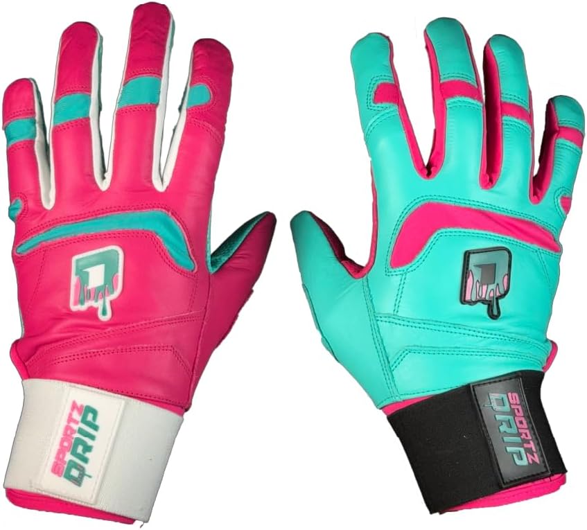 Sportz Drip Clash Batting Gloves Pink/Teal - Genuine Leather for Baseball Softball Youth Adult Unisex