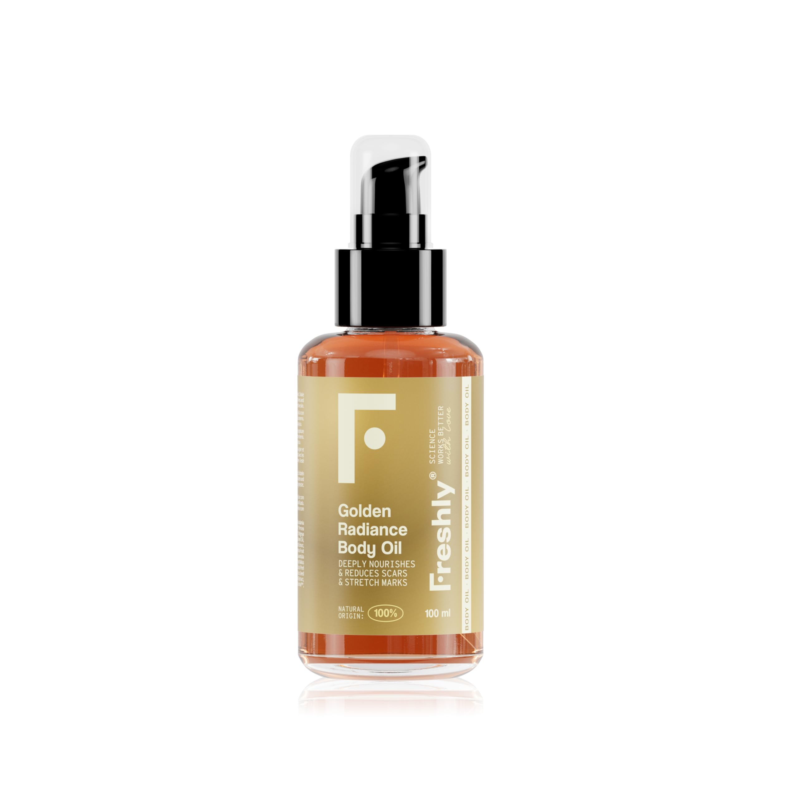 Freshly Cosmetics Aceite corporal 100% natural nutre, reafirma y reduce estrías Golden radiance Body Oil. 100ml.