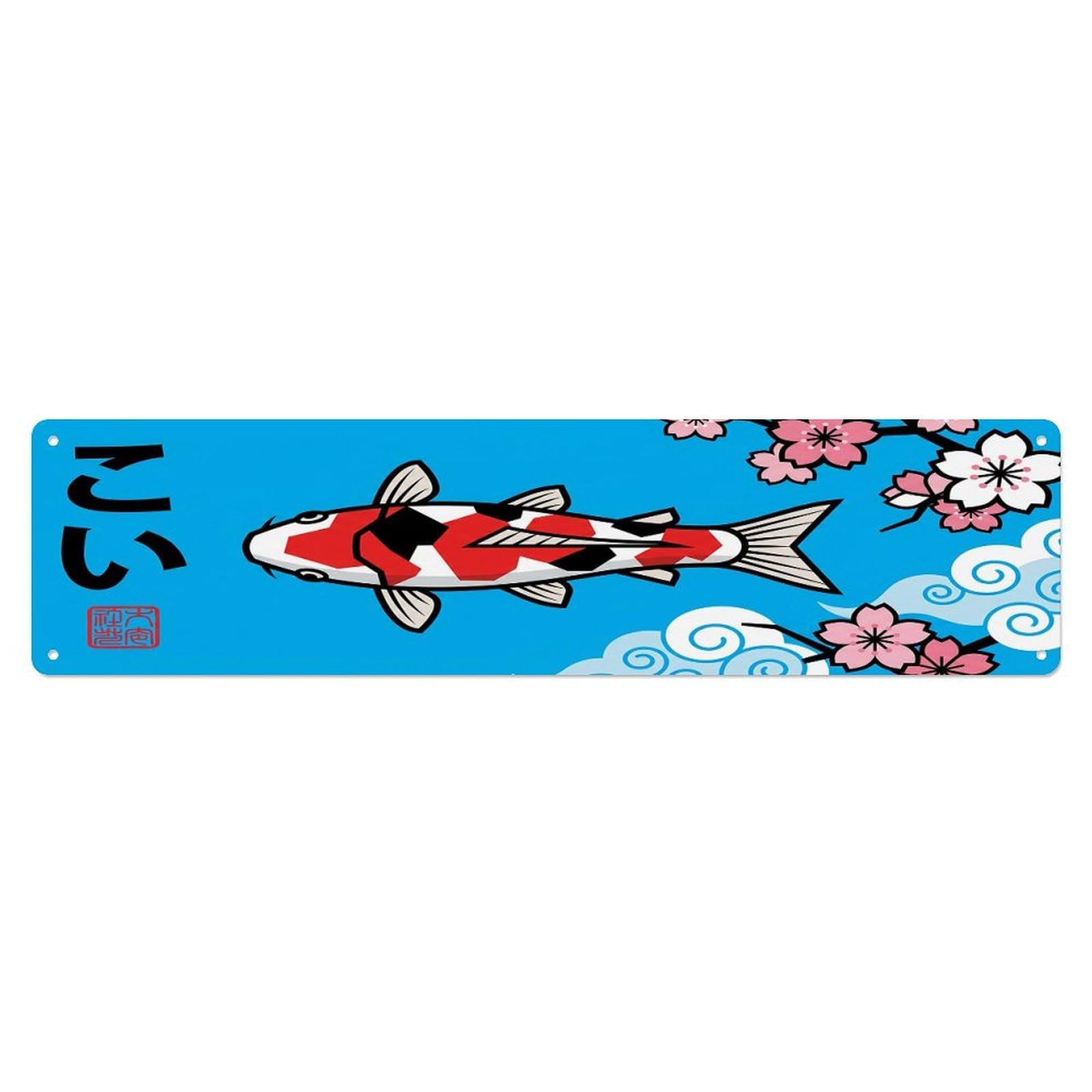 Olhnbad 4X16inch(10X40cm) Vintage Koi Fish Japanese Crimson Artwork Metal Tin Sign