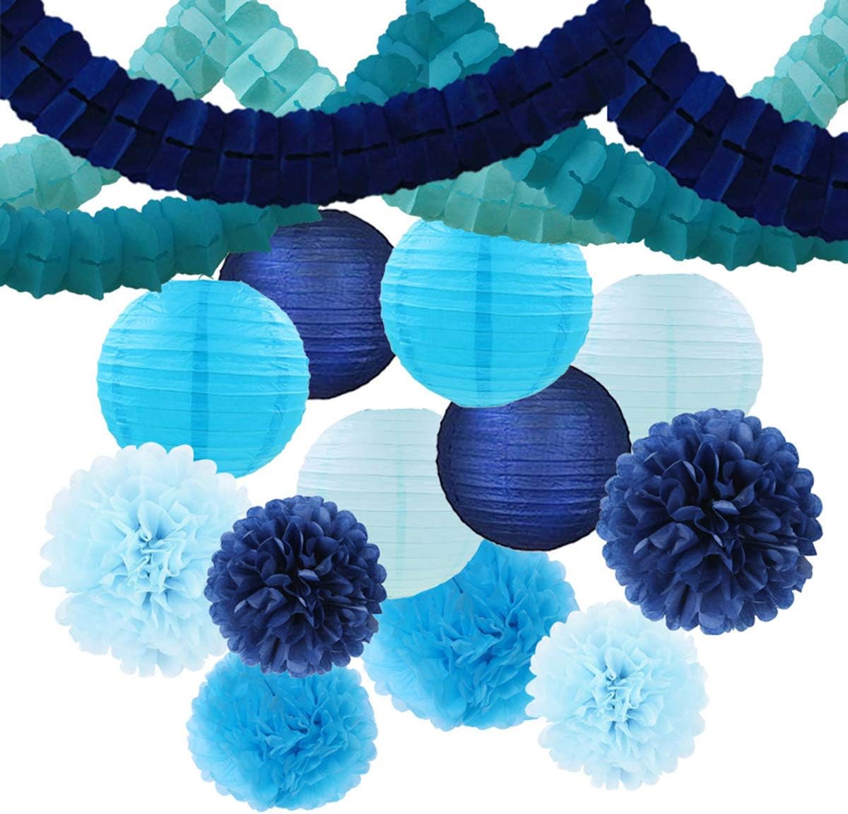 15PCS Turquoise Baby Blue Navy Blue Theme Party Decor Kit Tissue Paper Pom Pom + Streamers Garland Garlands Bunting + Paper Lantern for Boy Birthday Party Decor Wedding Birthday Bridal Shower Decor