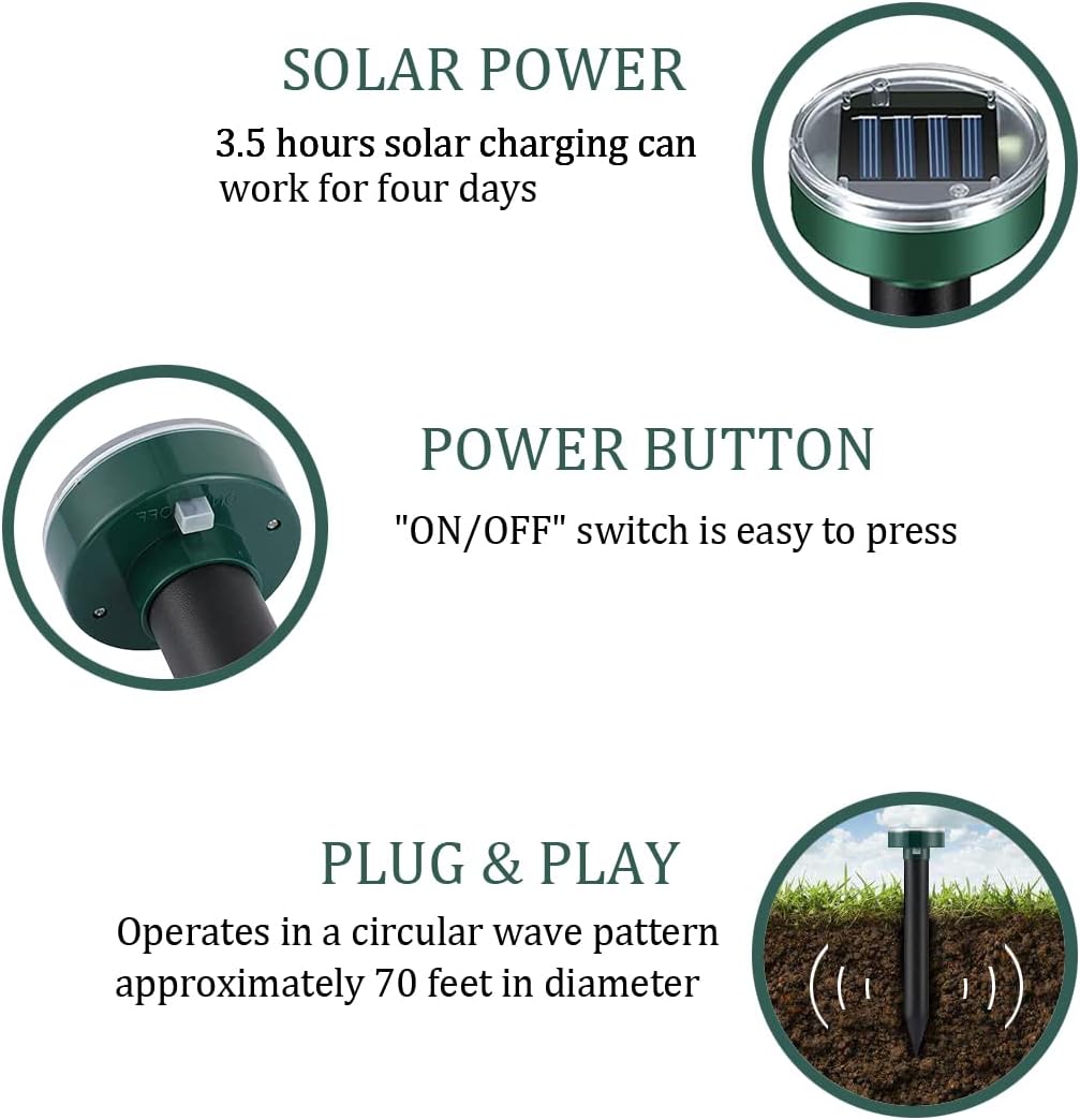 Mole Repellent Solar Powered, 10 Pack Ultrasonic Vole Repeller Outdoor, Waterproof Ultrasonic Mole Deterrent Stakes, Get Rid of Gopher, Vole, Skunk, Chipmunk, Groundhog, Snake for Yard, Garden & Lawn