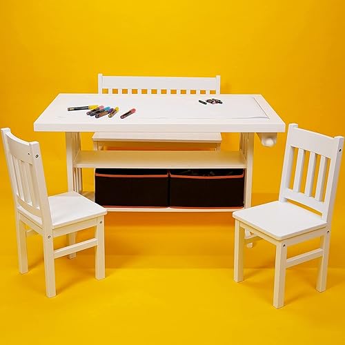 MEEDEN Mesa de juego de arte blanco para niños con silla mesa de actividad de madera con 1 banco y 2 sillas 2 cestas de almacenamiento 1 rollo de