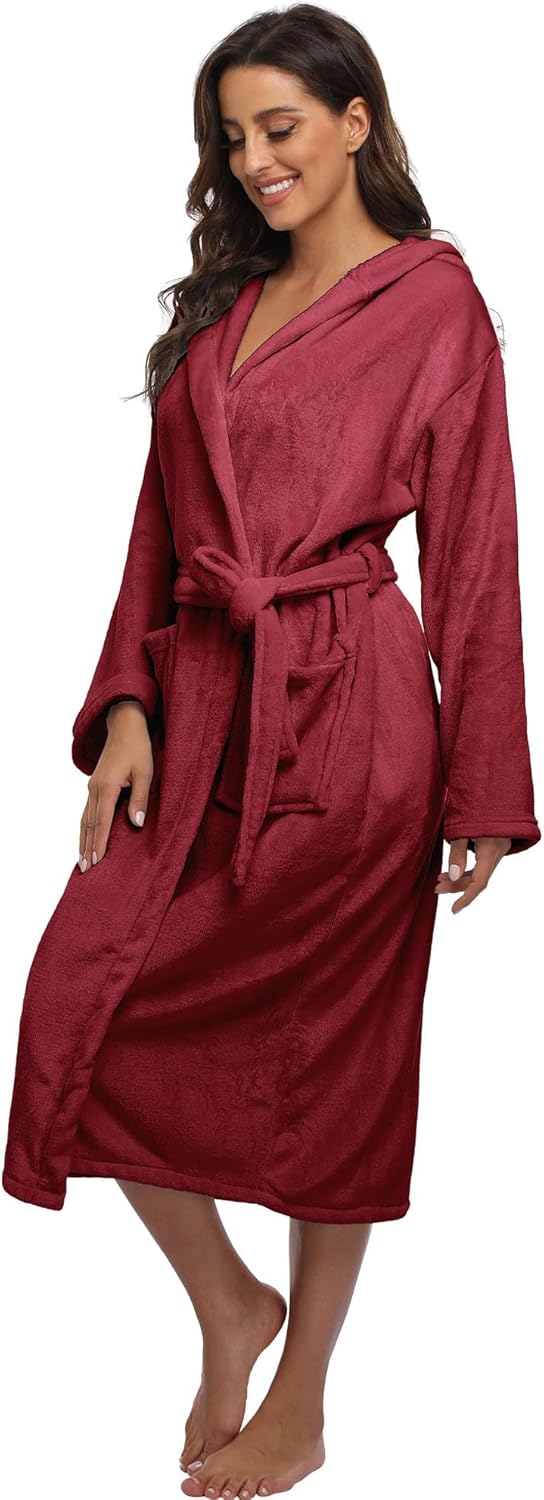 season dressing Women’s Plush Fleece Robe Cozy Warm Soft Bathrobe Long Hooded House Coat Winter Shower Spa Robe with Pockets - Image 3