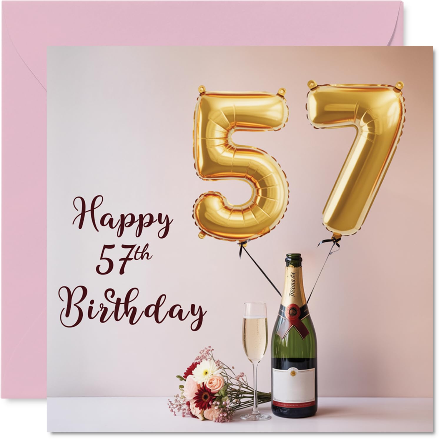 57th Birthday Cards for Women and Men, Balloons & A Bottle of Bubbly