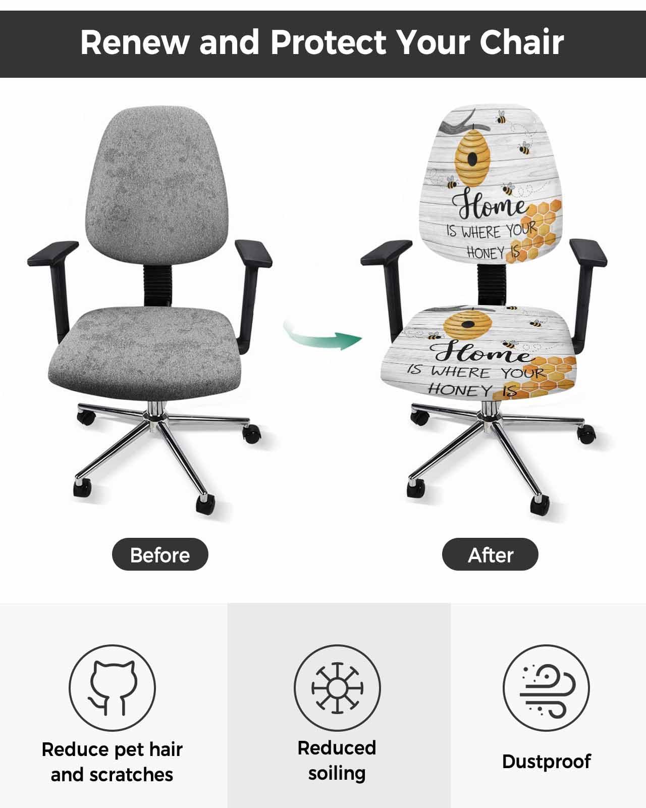 Cartoon Bee 2 Pieces Computer Office Chair Covers Set,Stretchable Desk Rotating Chair Seat Cushion Slipcover Back Covers,Country Vintage Branches Greyish Wooden Grain Slipcover Back Cover Protector