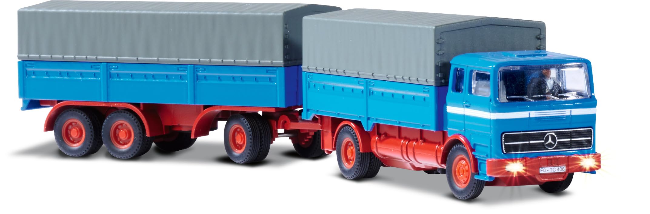 Carson 1:87 MB 1620 plandeka z przyczepą, 100% RTR niebieska, model gotowy do jazdy, samochód RC, model RC, pojazd diorama, zdalnie sterowana ciężarówka, zdalnie sterowana ciężarówka