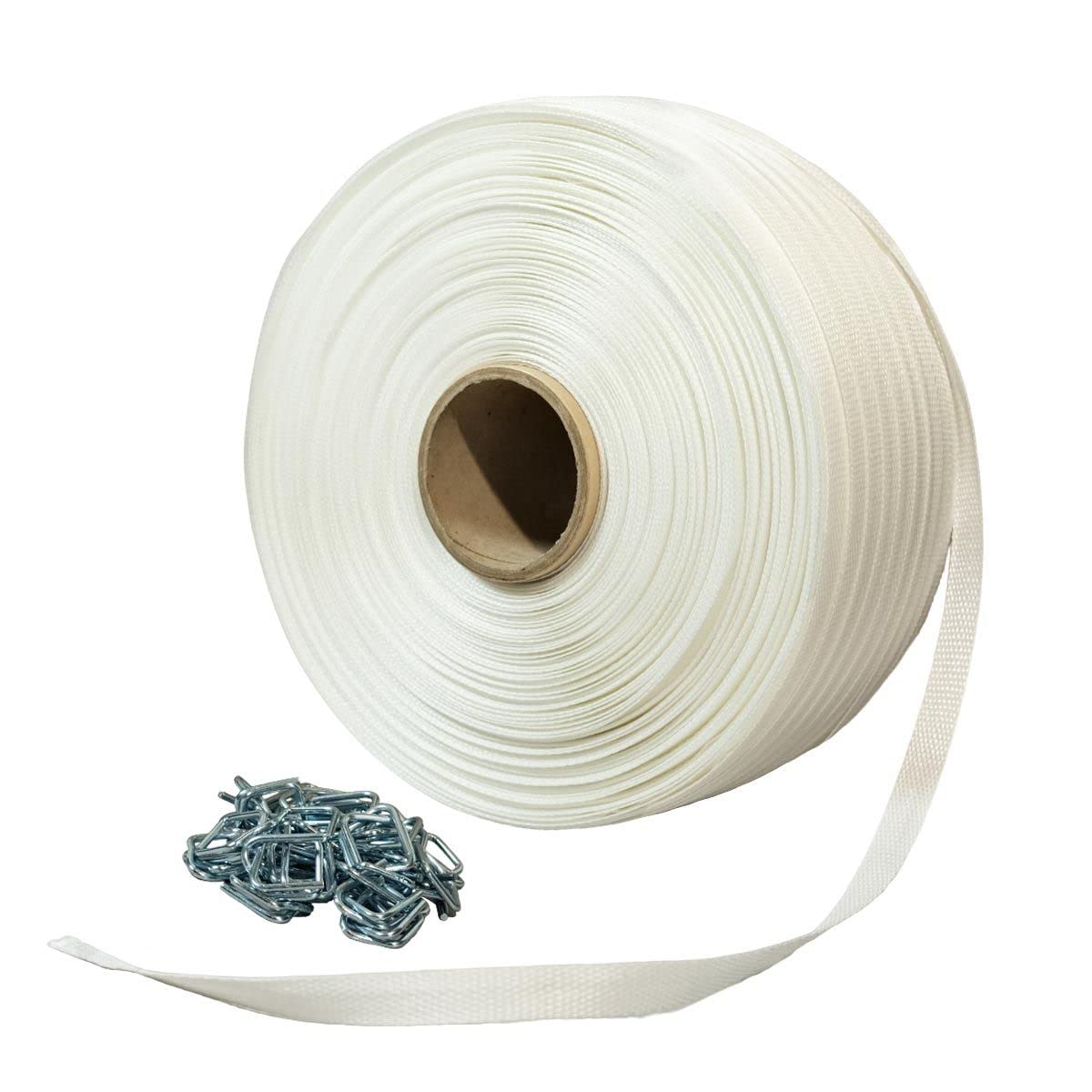 TECPLAST Pack 1 Feuillard de cerclage tressé PFT1 19 mm x 500 m + 250 Boucles - Feuillard textile Haute Résistance 750kg