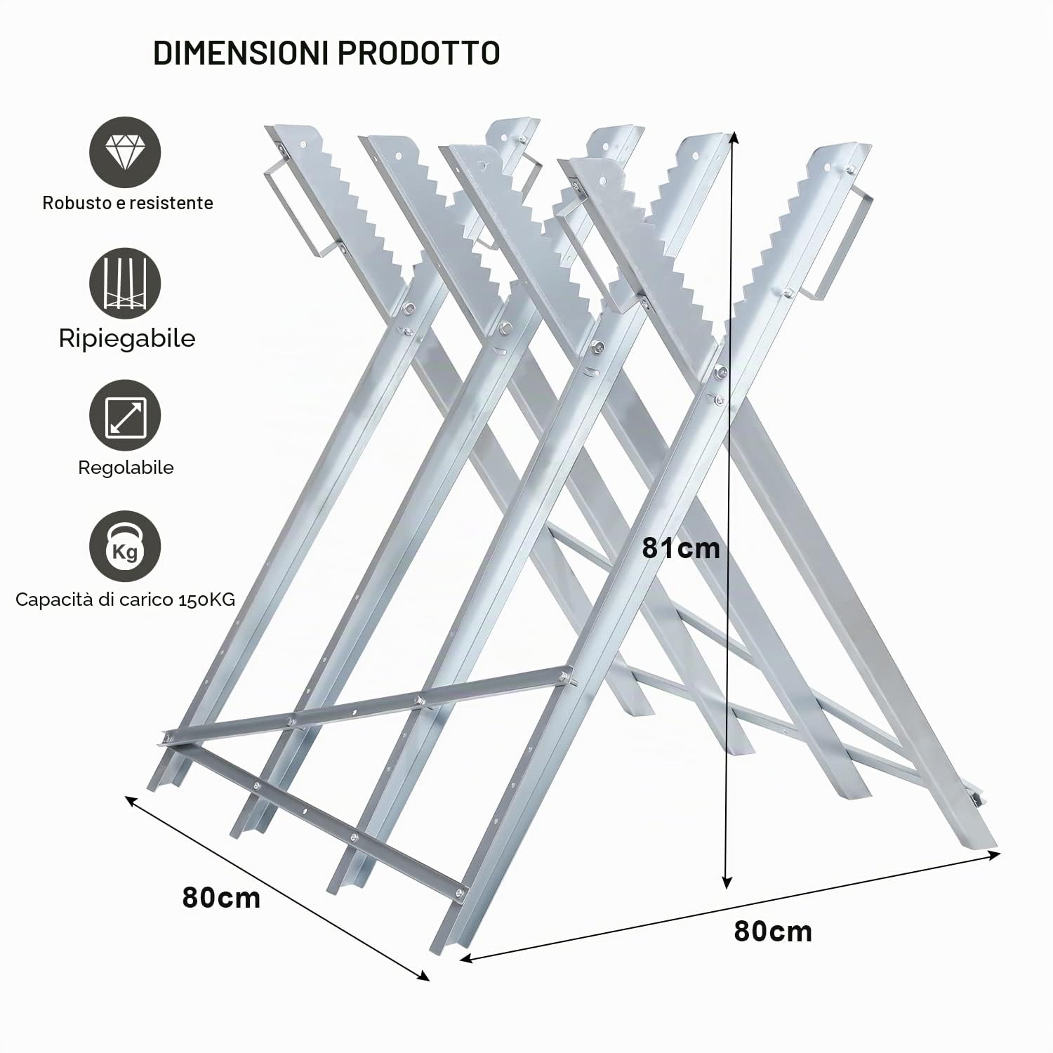 Cavalletto per segatura pieghevole, supporto per segatura, 81 x 80 x 80 cm, supporto per sega per segatura del legno con capacità di 150 kg, cavalletto per motosega per lavori di segatura del