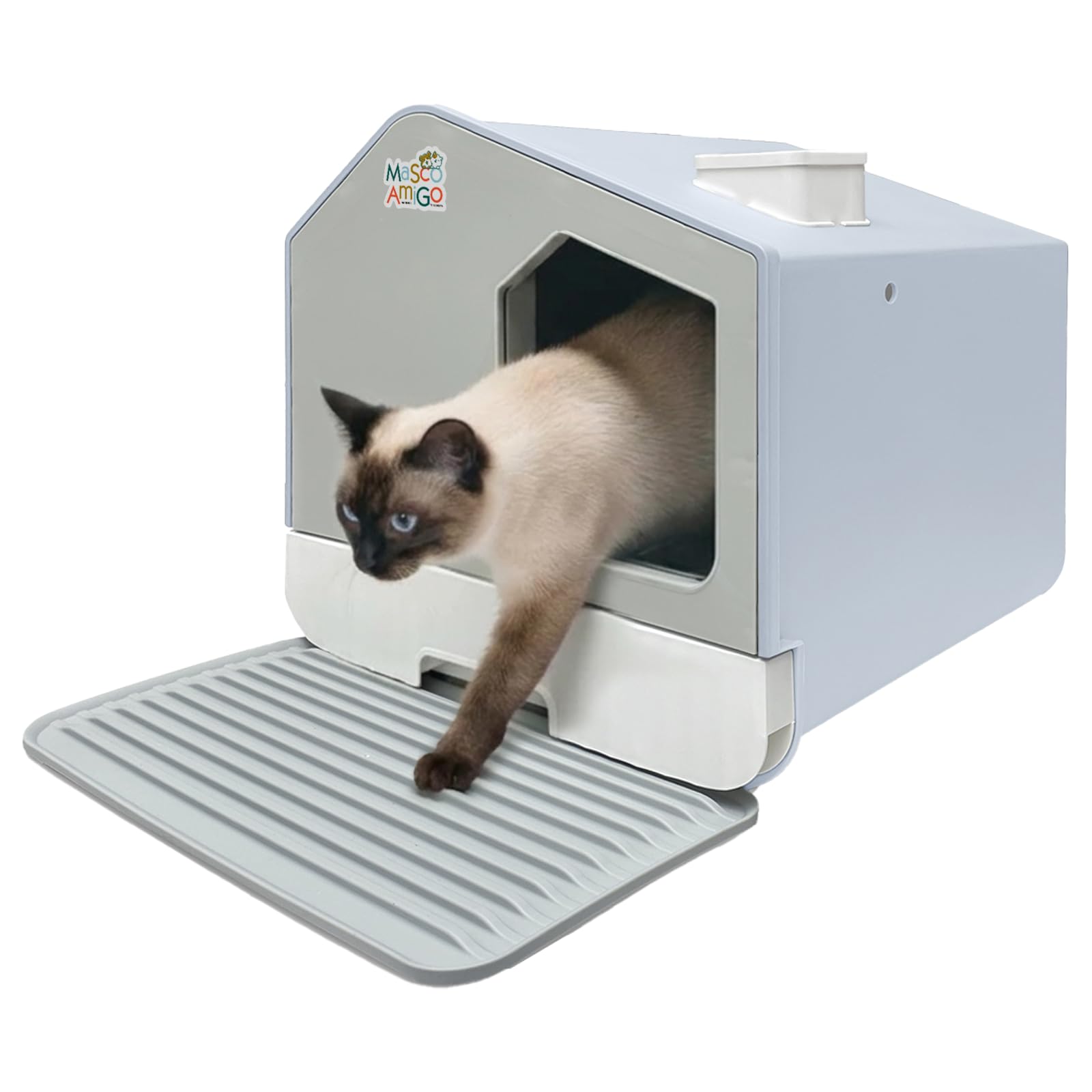 MASCOAMIGO Arenero para Gato Cerrado Grande Antiolores - Caja de Arena Tipo Casa con Cernidor, Incluye Pala Recogedora y Tapete Alfombrilla Atrapa Arena, Plástico Resistente (Azul)