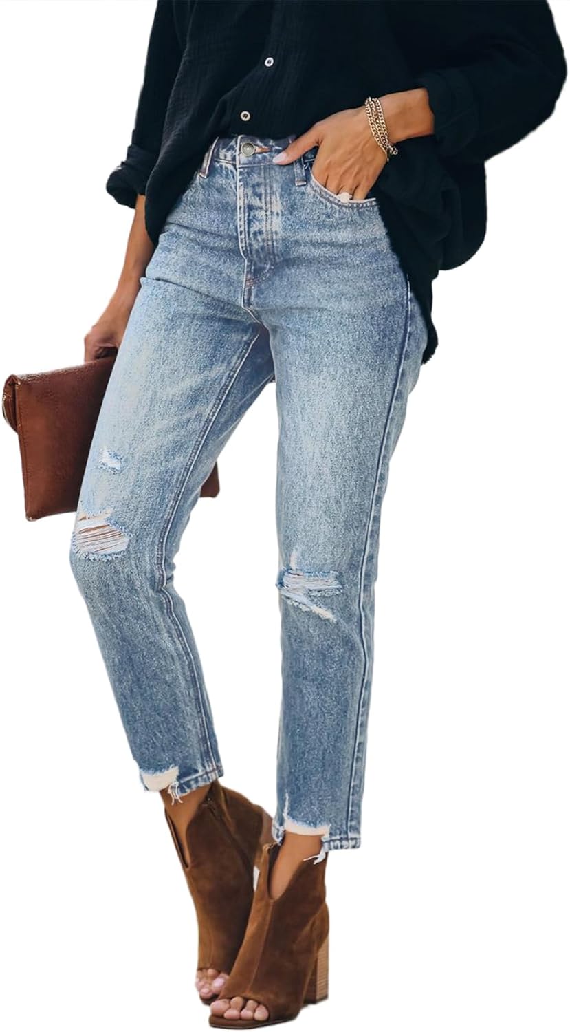 Lesore Womens High Waist Stretch Distressed Jeans Destroyed Denim Pants 26 Blue 201