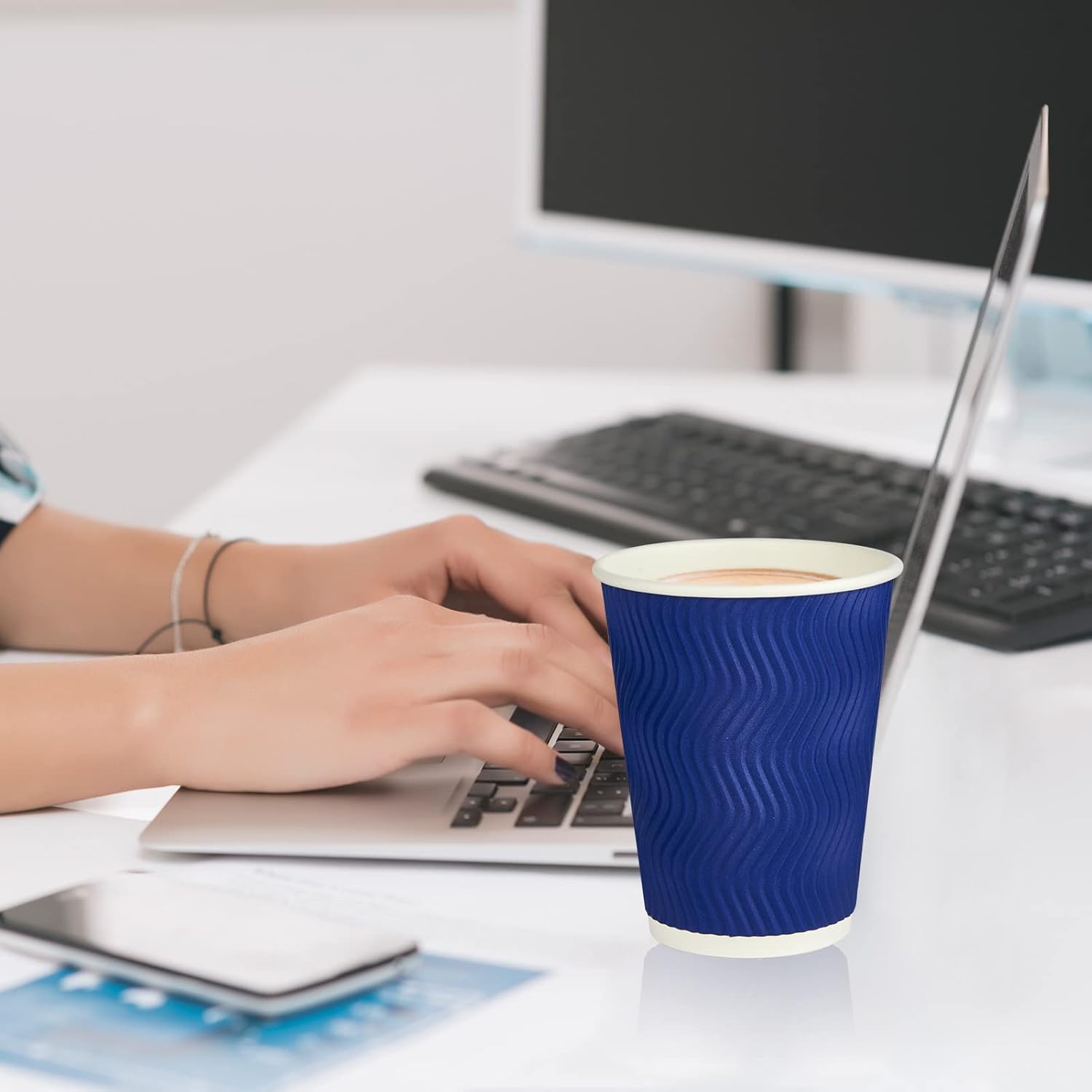 JollyPack 60 Pack 12 oz Paper Coffee Cups, Blue Disposable Beverage Cups with Insulated Ripple Wall for Coffee, Tea, and Hot Chocolate - Image 5