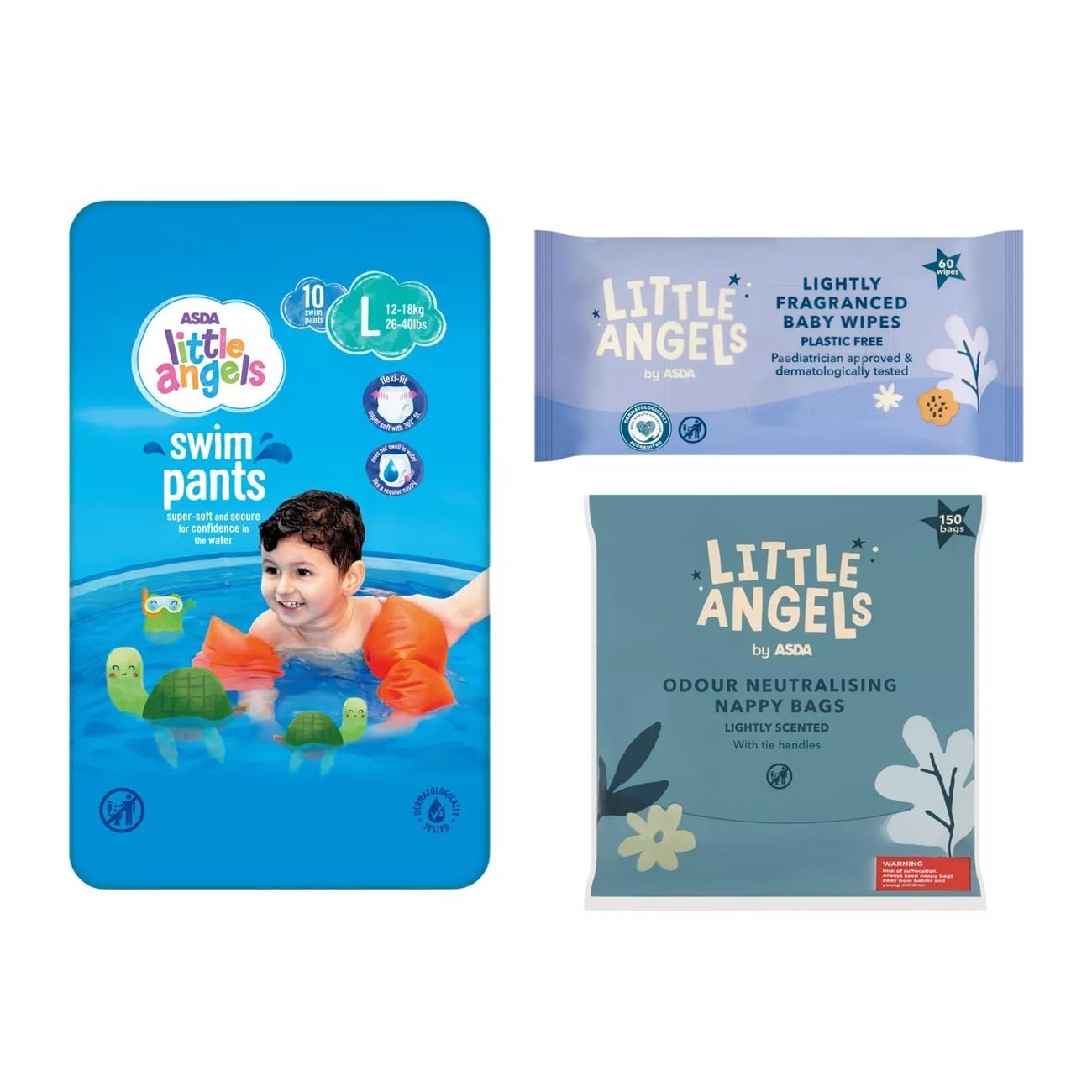 Little Angels Large Swim Pants 10 Pack Bundle with Nappy Bags & Lightly Fragranced Wipes