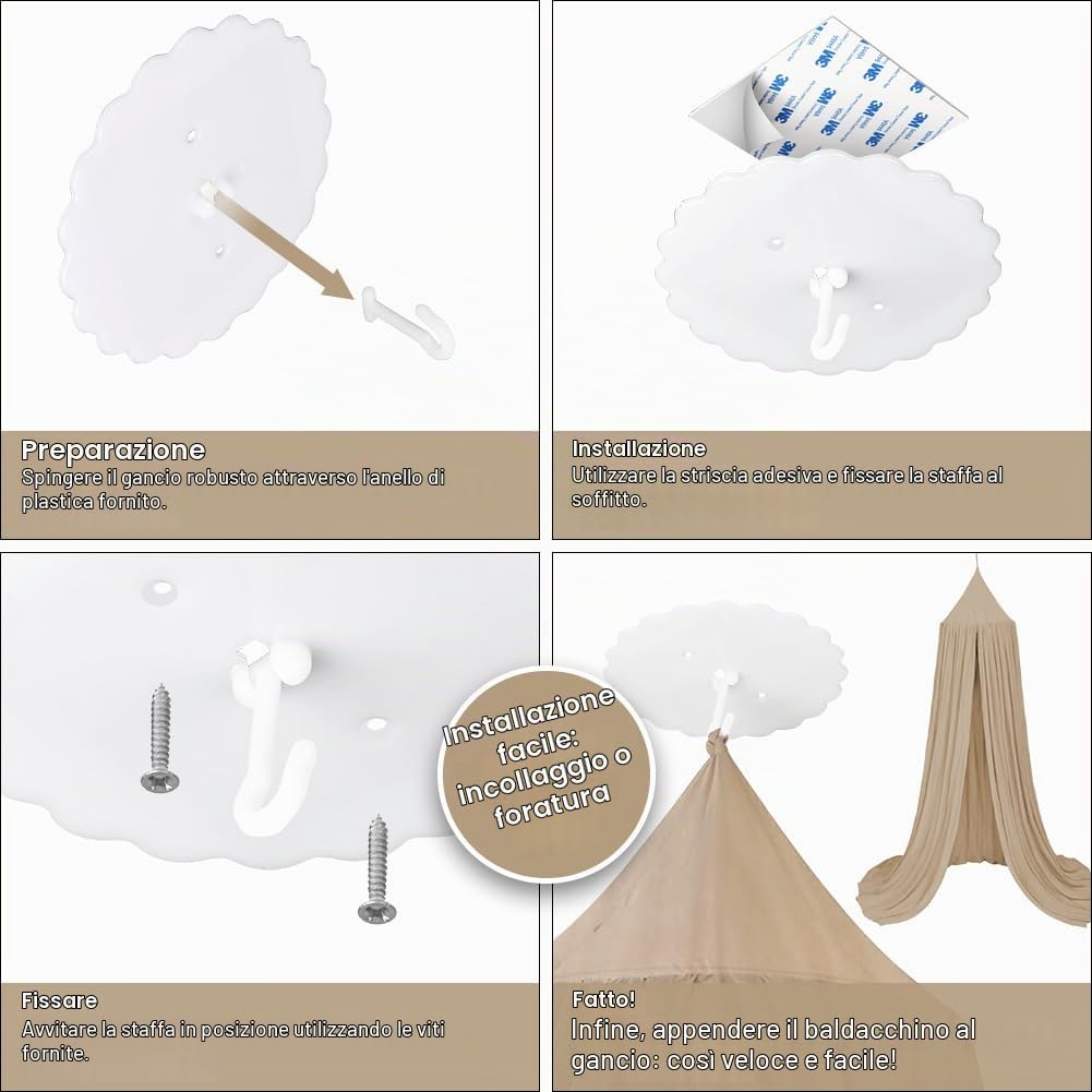 Aolso Baldacchino per bambini e bambine, 245 cm, tenda per letto rotondo, lettino con tenda sospesa, zanzariera, crepe (beige)