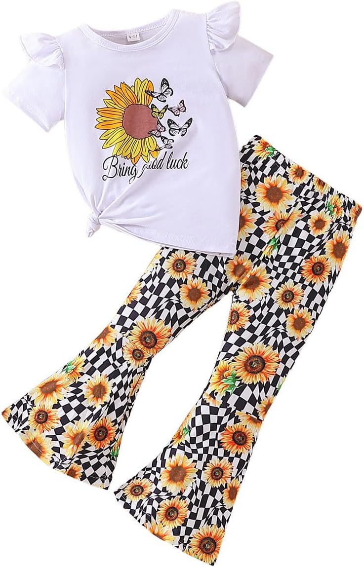 Kids Toddler Girl Clothes Letter Print Graphic Top + Leopard Print Flare Leg Pants 2PC Summer Clothing Set