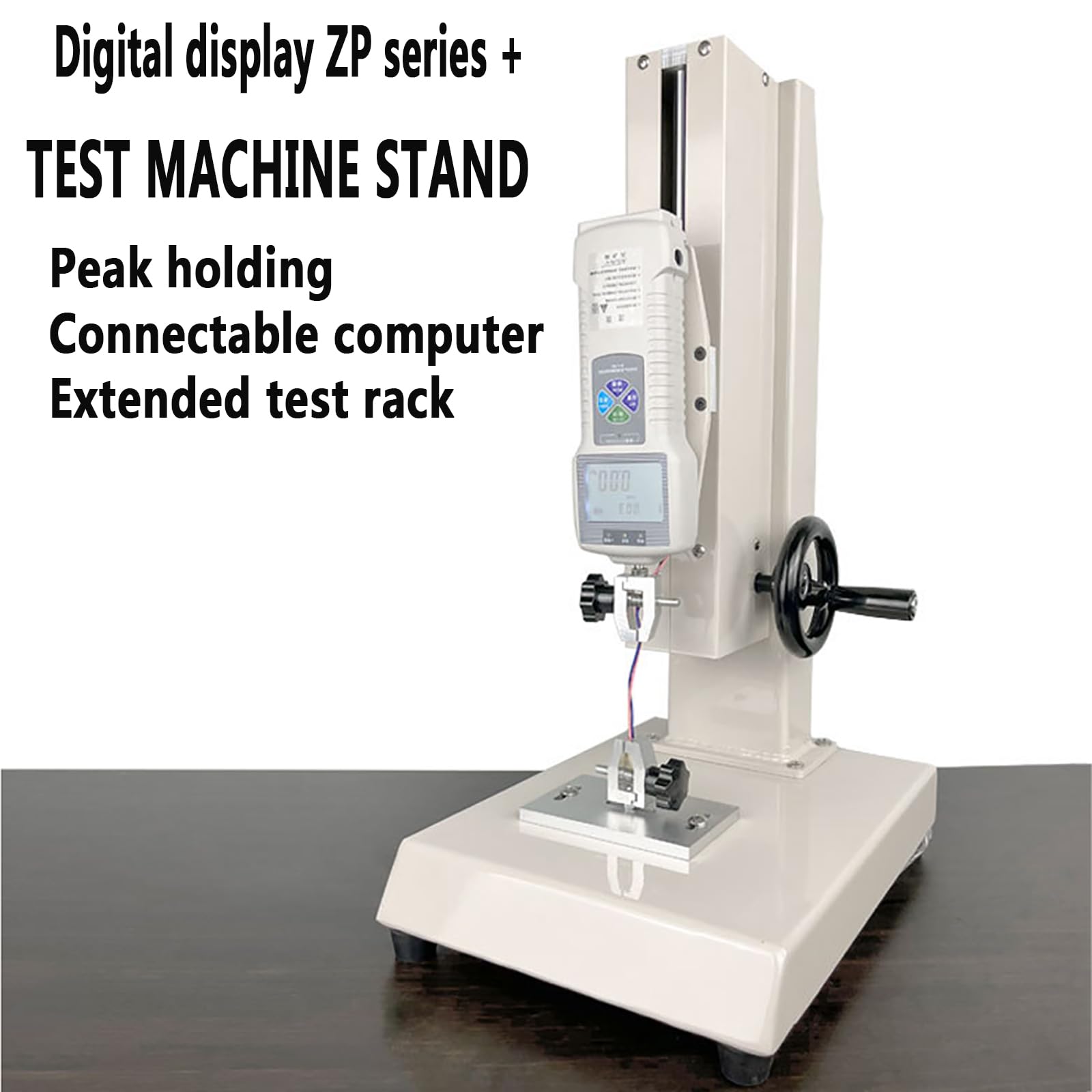 Misuratore di Forza Digitale, banco di Prova Manuale azionato da Ruota con Schermo LCD e 5 Morsetti, Uscita Dati e 0-300 mm/11,8", per Prove di trazione in Laboratorio