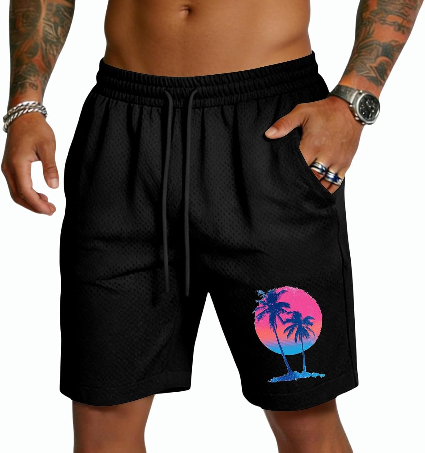 Mens Summer Shorts Men's Vintage Palm Tree Sunset Graphic Mesh Summer Casual Beach Athletic Shorts