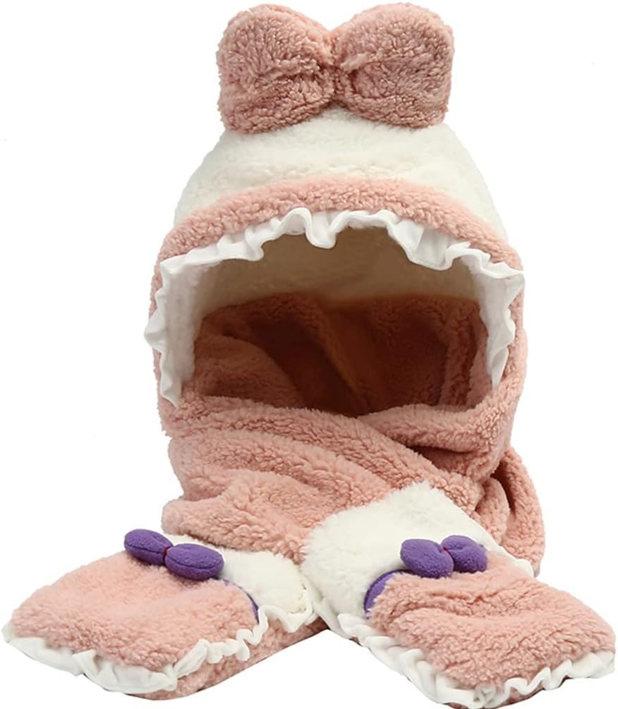Scarf,Scarf Plush Scarf Hooded Hat Bows Winter Hat Scarf Gloves Set Fleece Warm Windproof Cap for Head Warmer Fleece Scarf(Pink)