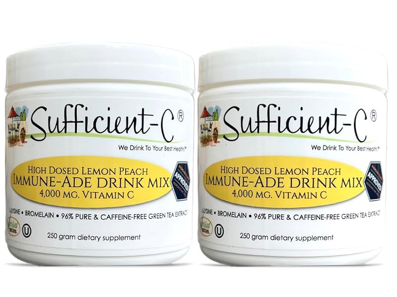 Sufficient-C Mistura para Bebida de Vitamina C com L- lisina, bromelina e extrato de chá-verde, sabor limão e pêssego, 250 g, pacote com 2