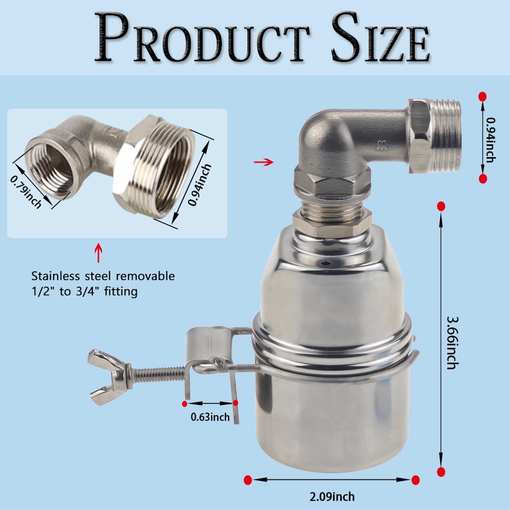 Automatic Water Level Control Valve, 3/4 to 1/2 Inch Float Ball Valve, Float Valve, 304 Stainless Steel Water Level Control Float Valve for Tank, Swimming Pool, Pond, Fish Tank, Livestock Troughs.