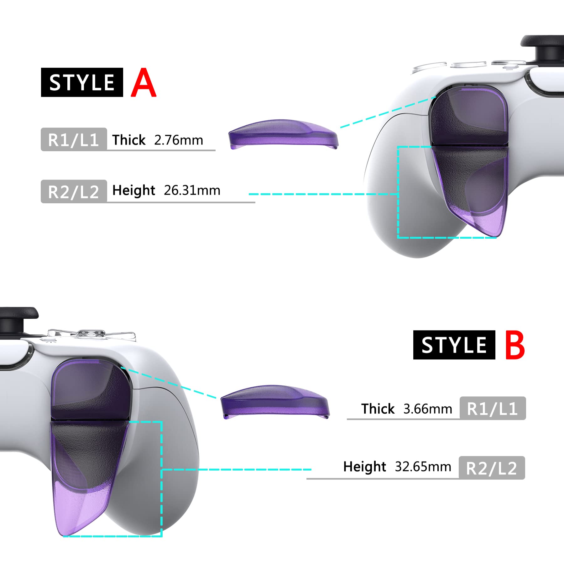 PlayVital Blade 2 Pairs Shoulder Buttons Extension Triggers for ps5 Controller, Game Improvement Adjusters for PS Portal Remote Player, Bumper Trigger Extenders for ps5 Edge - Clear Atomic Purple - 3