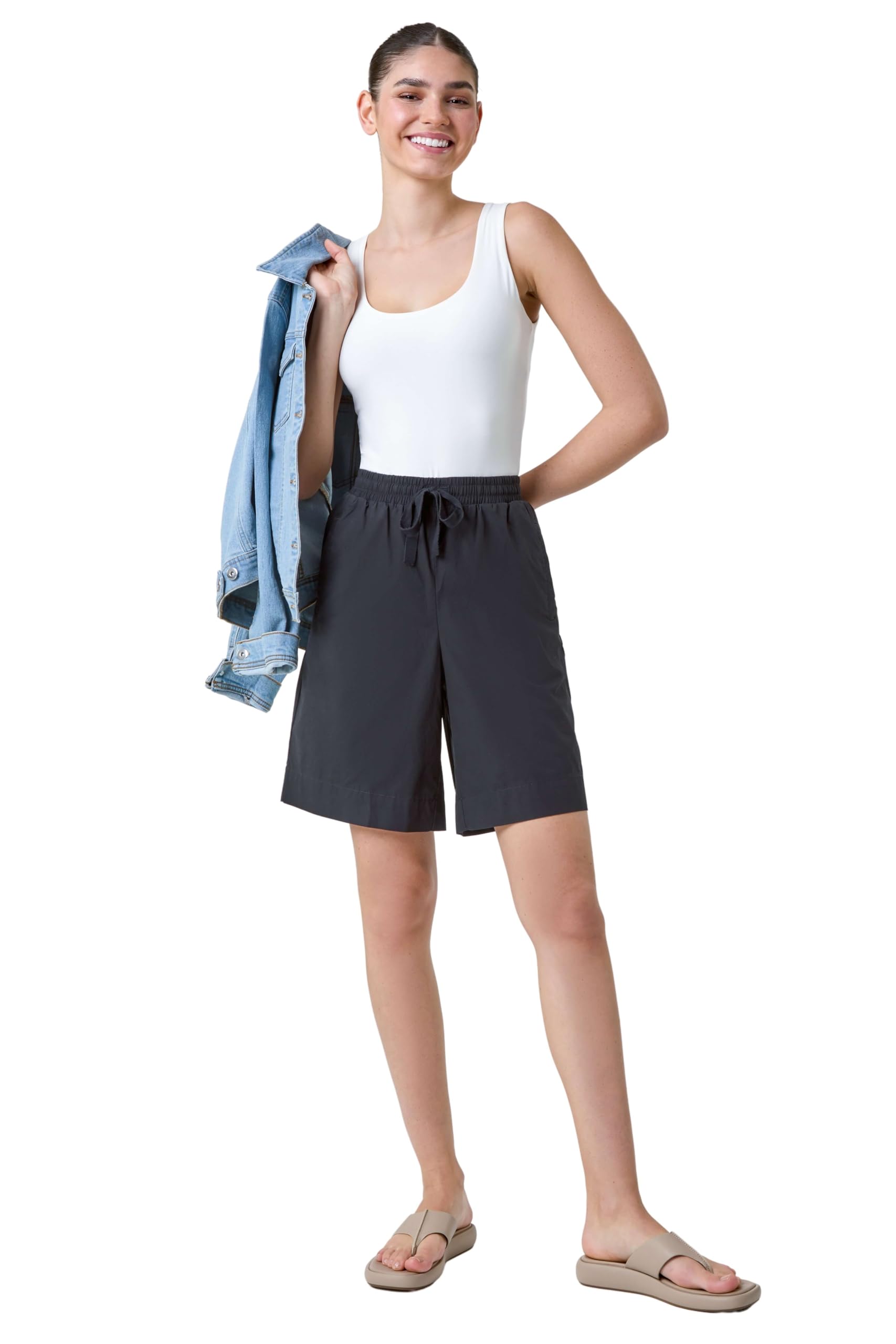 Roman Cotton Tie Detail Pocket Shorts for Women UK - Ladies Spring Everyday Summer Holiday Elasticated Waistband Comfy Knee Length Soft Woven Fabric Daywear Vacation Bottoms - Black - Size 10