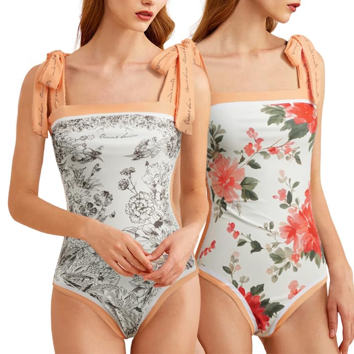 SKAYS Reversible Floral One Piece Swimsuit Women Bathing Suit Vintage Cute  with Adjustable Straps Swimwear