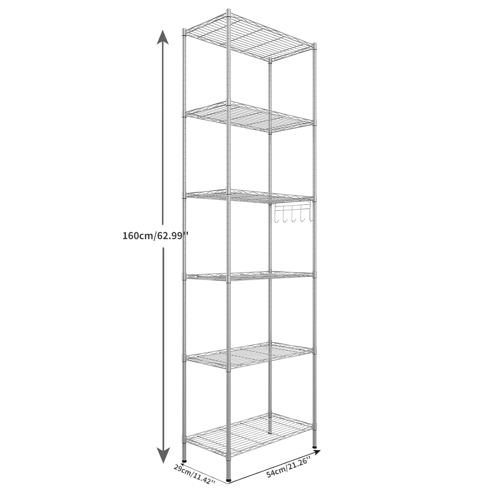 Himimi Regal,abstellraum Regal,Badezimmerregal Shelf,hoch schmal Standregale,Lagerregal 6 Ablage Küchenregal Metallregal, verstellbare Ablagen,Drahtkorb,54 x 29 x 160cm,Silber