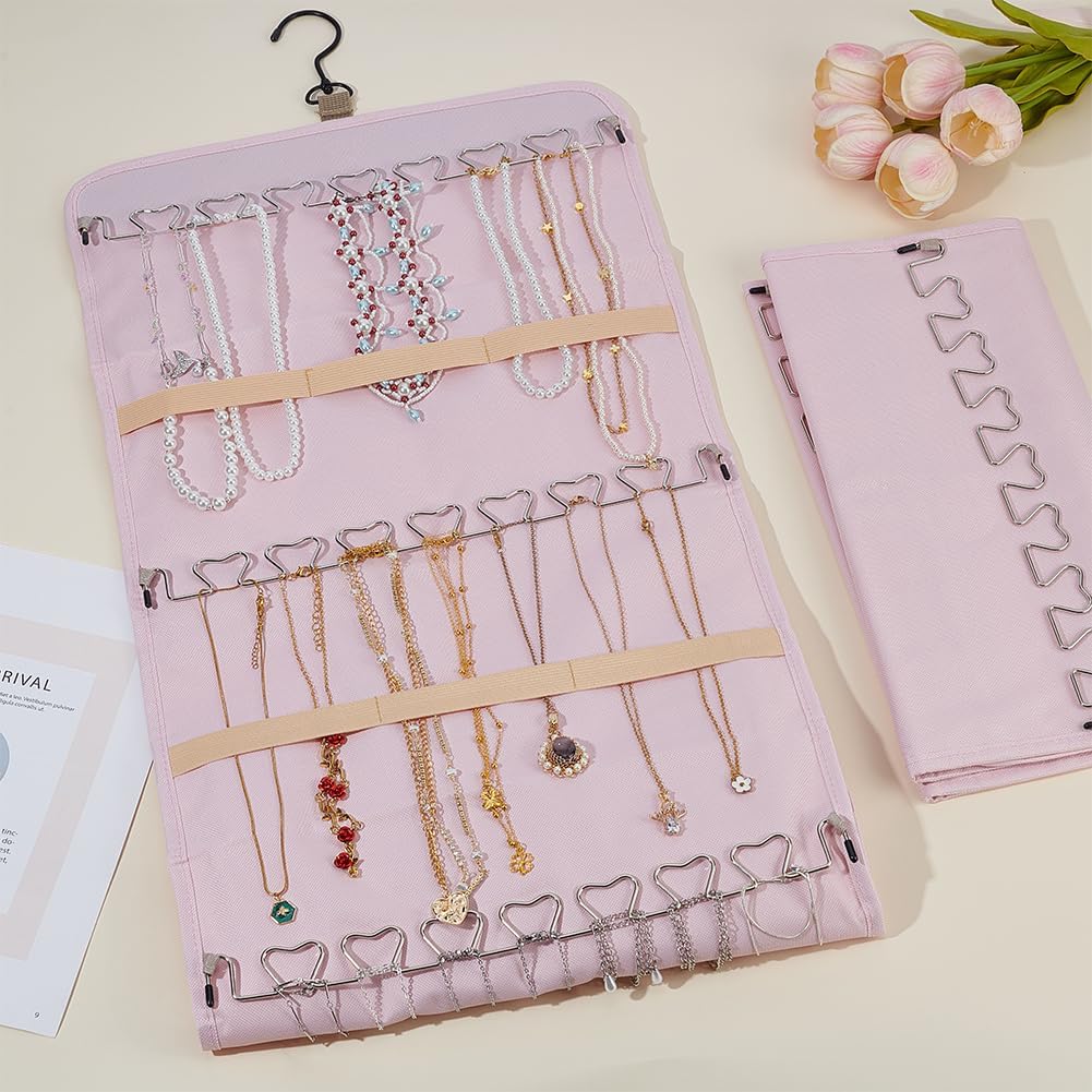 2 Pcs Double-Sided Jewelry Hanging Organizer, 48 Pockets Pink Oxford Cloth Wardrobe Storage Bag Jewelry Holder with Hooks & Pockets for Necklaces, Earrings, Bracelets image 4