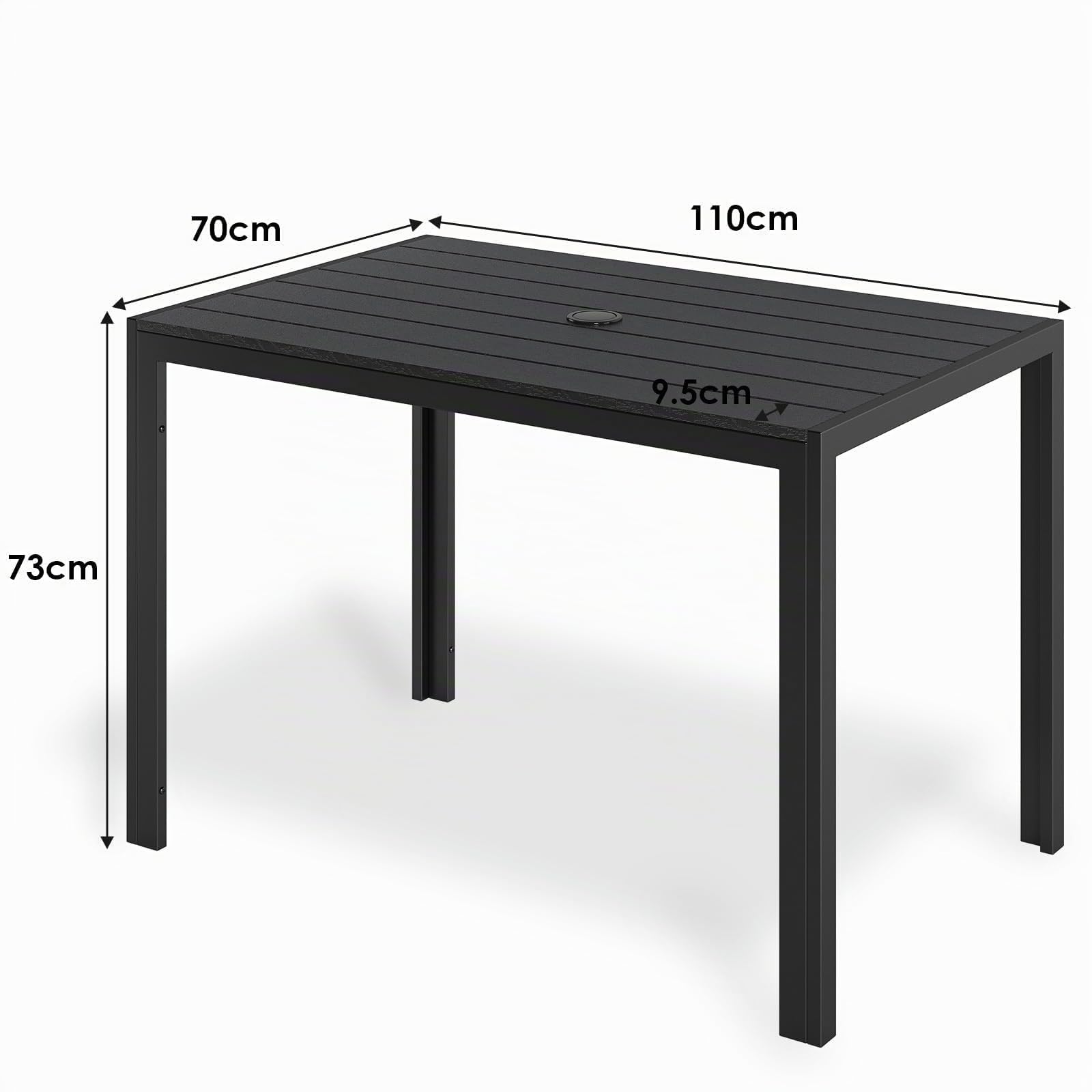 Clevich Tavolo da pranzo da giardino con foro per ombrellone, 110 x 70 x 73 cm, resistente alle intemperie, con piano a doghe in WPC, telaio in alluminio, tavolo rettangolare per balcone/cortile