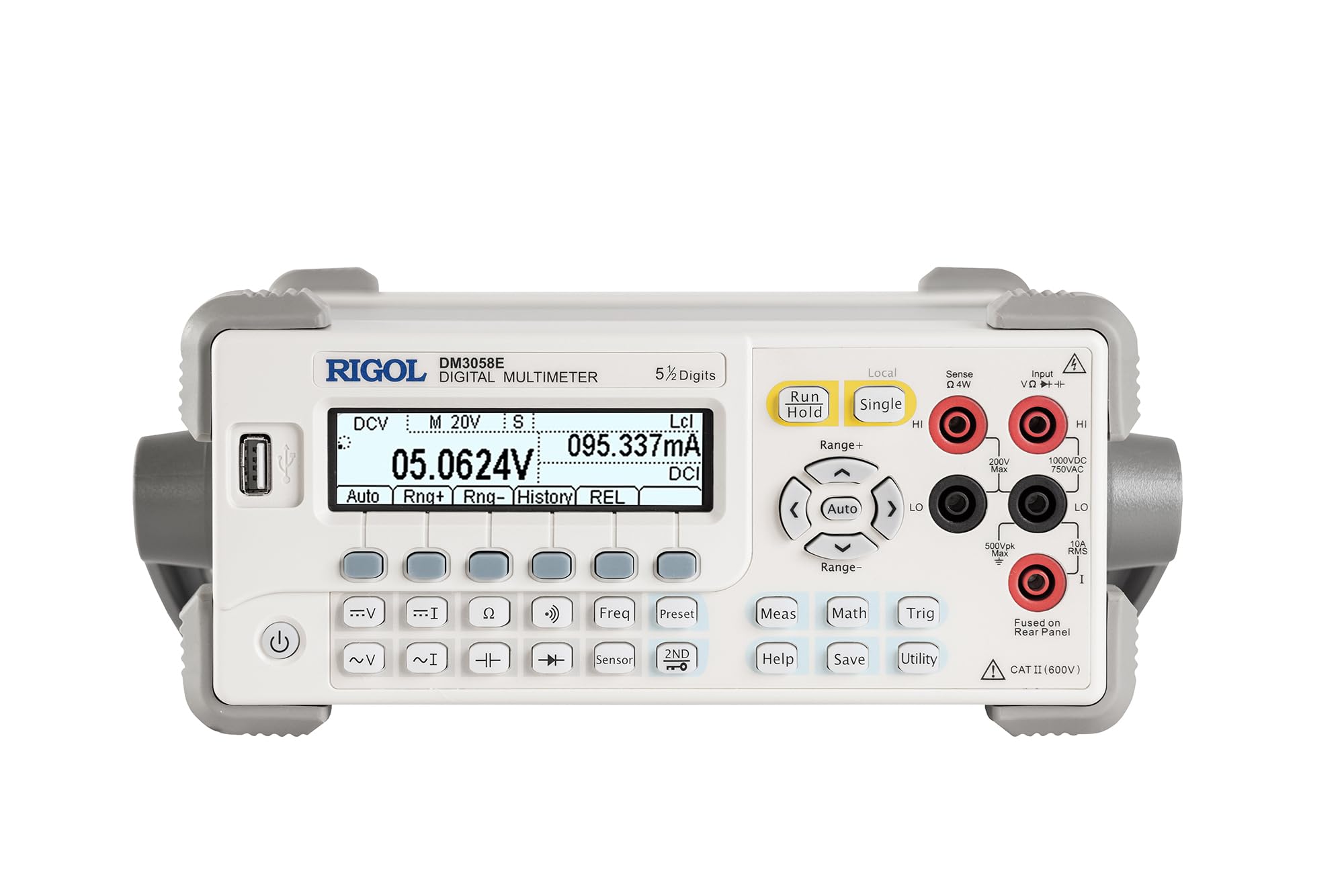 RIGOL DM3058E Multímetro digital,TRMS de 5½ dígitos,precisión DCV del 0,015%,velocidad de lectura de 123 rdgs/s,memoria de 2000 puntos, pantalla monocromática (256 x 64 píxeles), garantía de 3 años.