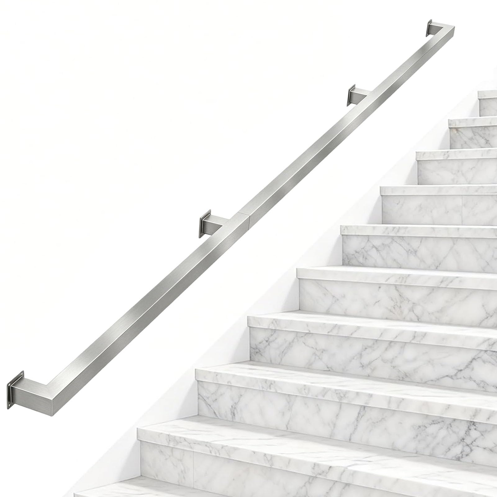 Junvstor Stainless Steel Handrails For Stairs, 1 2 3 4 5 6 Metres Bannister Rail Staircase Railing, Wall Mounted Safety Hand Rails, Sqaure Pipe Stair Railing for Indoor Outdoor(9.2ft/280cm)
