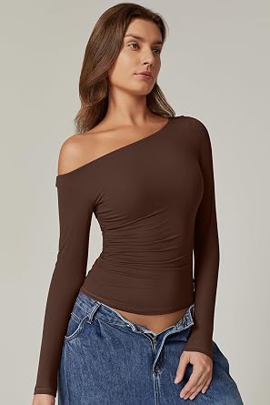 QINSEN Women's Sexy Off Shoulder Shirt Long Sleeve Double Lined Tops Side Ruched Fitted Tees