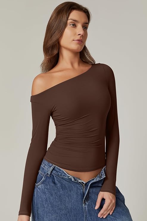 QINSEN Women's Sexy Off Shoulder Shirt Long Sleeve Double Lined Tops Side Ruched Fitted Tees