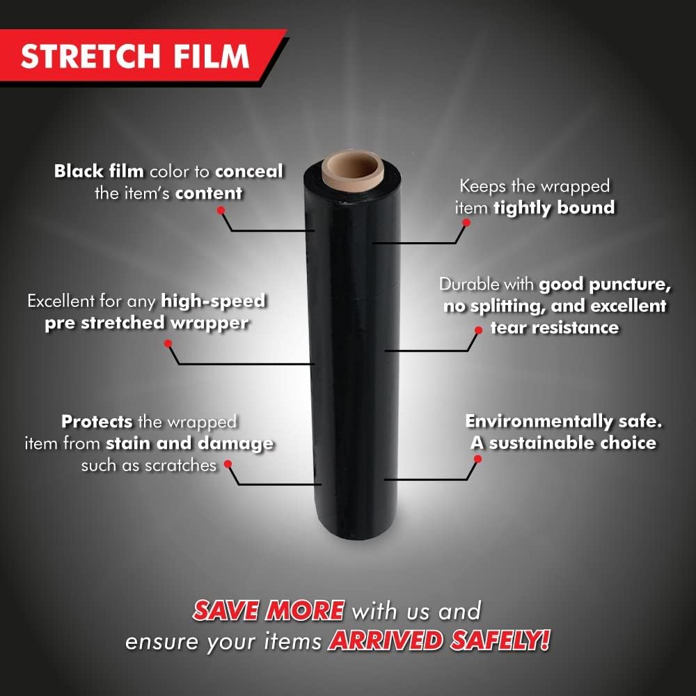 Heavy Duty Black Stretch Wrap Film 18" x 1000 ft 80 Gauge Pallet Wrap for Moving Shipping & Storage Industrial Strength Plastic Wrap Bundling Packaging Supplies Cling Film - 1 Roll
