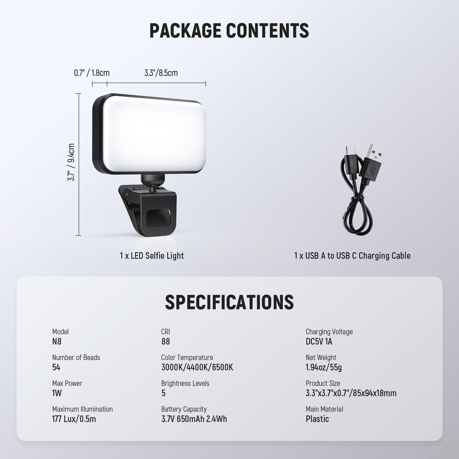 NEEWER wersja LED lampa do selfie, 54 diody LED, plastikowy klips na telefon, oświetlenie do iPhone'a, CRI88 650 mAh, przenośna do komputera, laptopa, kamery internetowej, zoomu, wideokonferencji