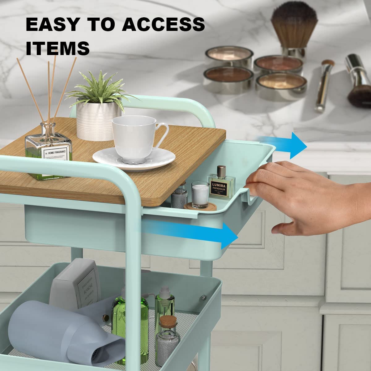 Chariot de Rangement à 3 Niveaux avec et roulettes et Tiroir Desserte Meuble Organisation pour Bureau D'atelier et Cuisine Lessive Salle de Bain (Vert)