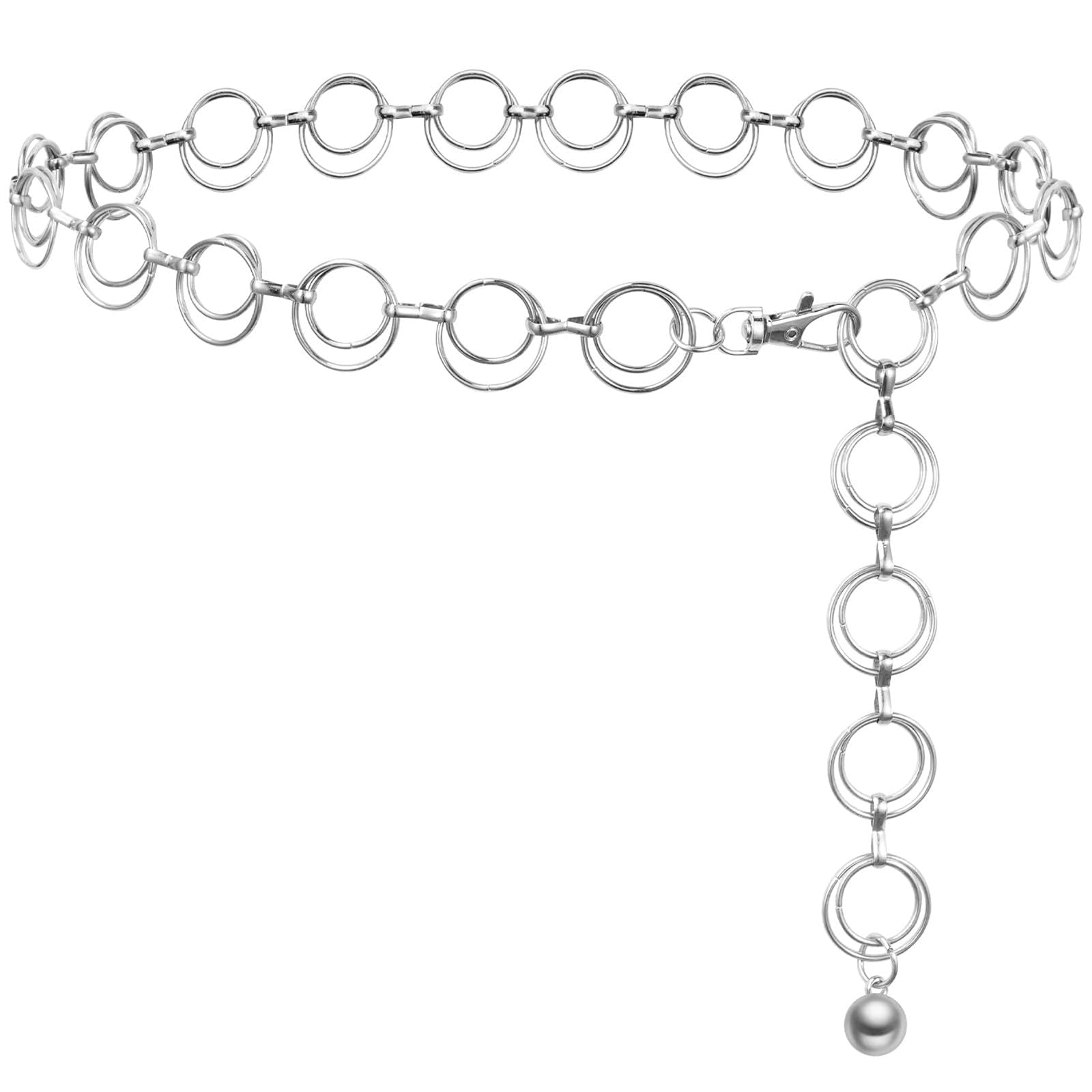 Qaestuan kettingriem voor dames, mode, 133 cm kettingriem verstelbare tailleriem, metalen tailleriem met O-ring, vervaagt niet, voor heupketting, western cowgirl riem voor jurk, zilver