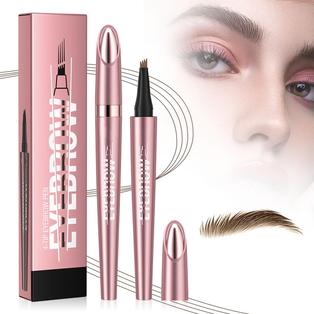 2024 New Magic Eyebrow Microblading Pen, 4-Tipped 3D Waterproof Microblading Eyebrow Pencil Contouring Pen, Natural Long-Lasting Fine Stroke (1# Light Brown)