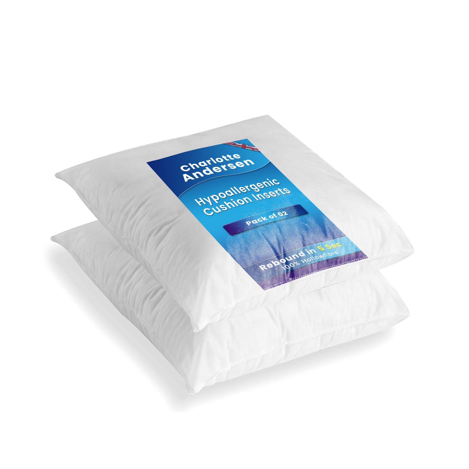 Charlotte Andersen White – 2 Pack 18” Inch Square Cushion Inners, Anti-Allergy Insert Pads 45Cm X 45Cm Pure Hollowfibre Filling- Made In Uk